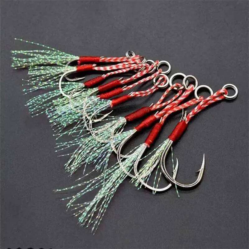 10/20/30Pcs Assist Hooks Single Jig Fishhook With Thread Feather Luminous Barbed Sea Hook For Fishing Lure Y260305