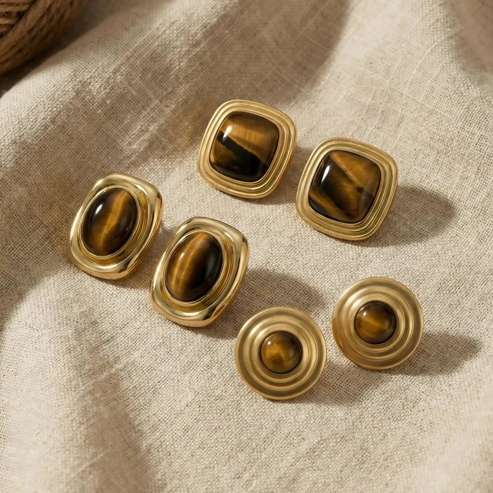 Chunky Vintage Tiger Eye Black Stone Stainless Steel Stud Earrings For Women Statement 18K Gold Plated French Autumn Jewelry 260303