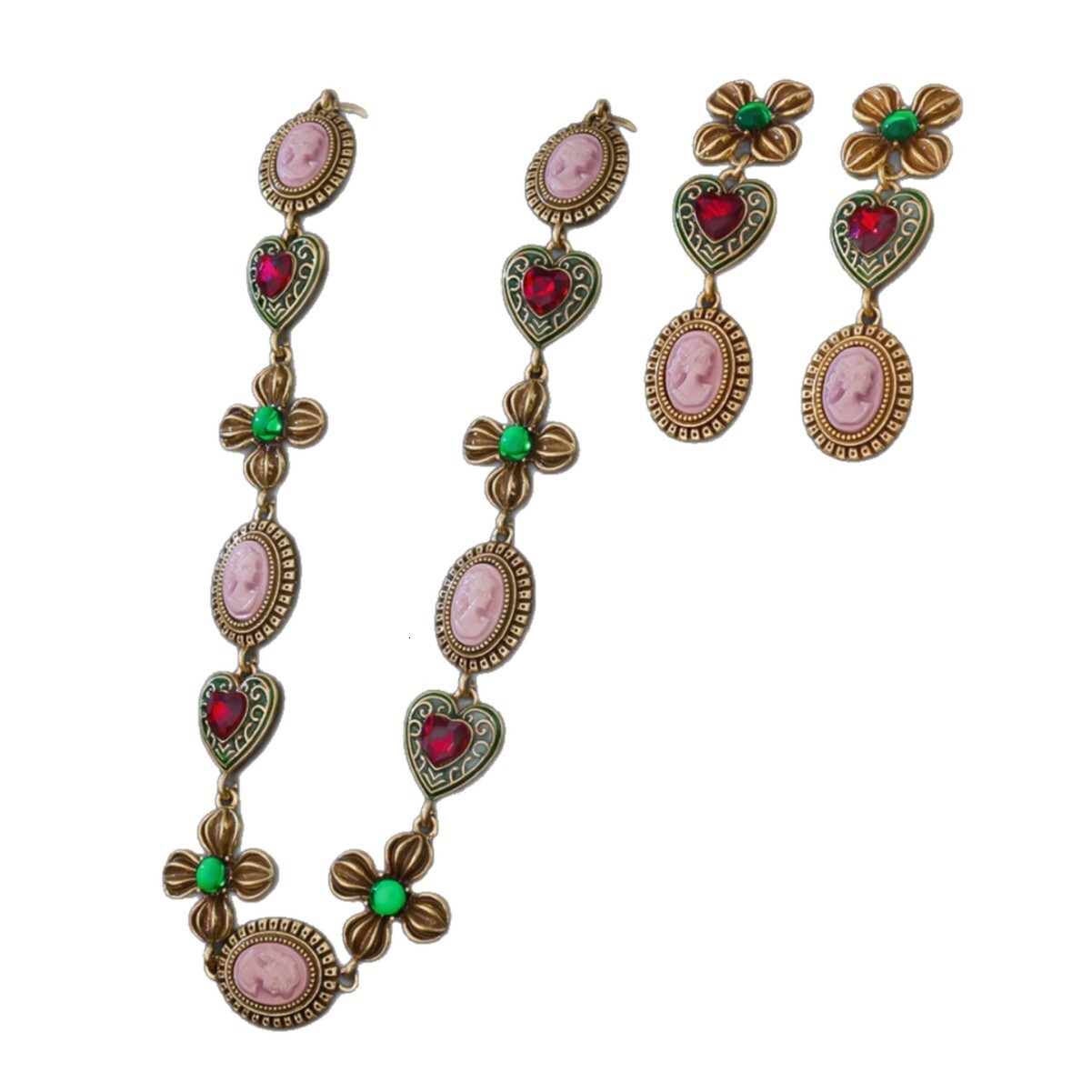 Necklace Flower Distressed Necklace Earrings Personality Retro Jewelry Set Vintage Palace Heart Portrait Versatile Earrings