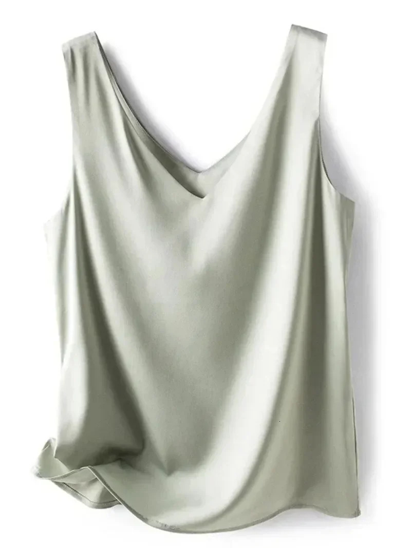 Woman T-shirts Elegant SILK Satin Blouse Sleeveless Female Summer Casual Loose Tanks and Camis Solid Green Tops for Women 260306