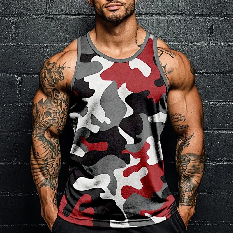 Summer Men Classic Camo Print Fitness Tank Top Gym Sports Loose Breathable Soft Sleeveless Top Fashion Simple Mens Vest Tee 260306