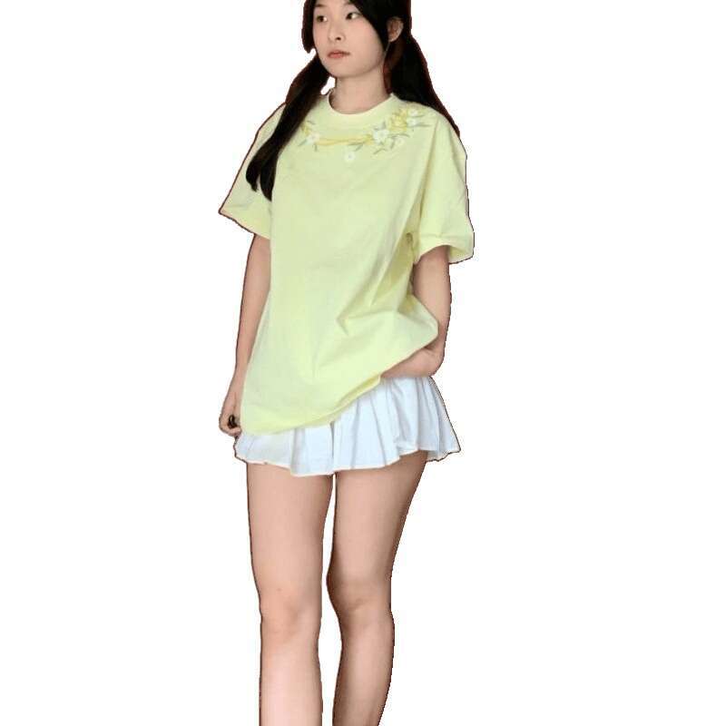 American Style High Street Embroidered Yellow Shoulder Women's Summer Loose Design T-Shirt Couple Student Slimming Top