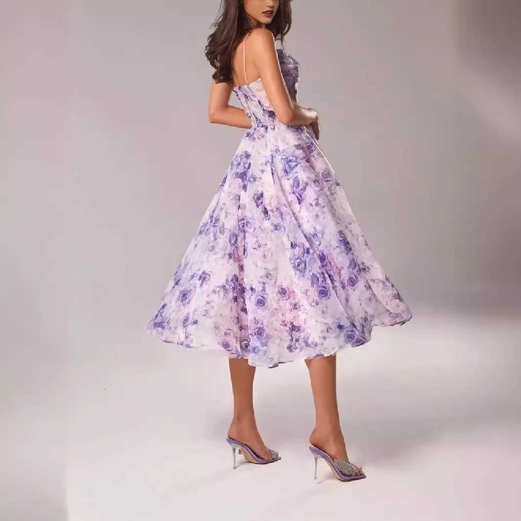Strapless Spaghetti Straps Flowers Print Knee Length Dress X260306