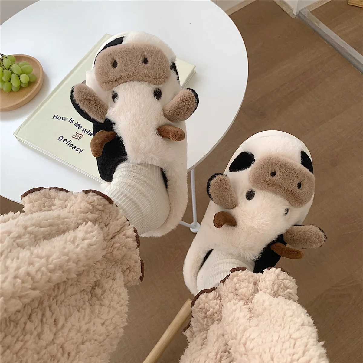 Eyriphy Winter Warm Womens Milk Cow Furry Slippers Short Plush Lined Non-slip House Slipper Female Fur Fluffy Casual Flat Slide S260305