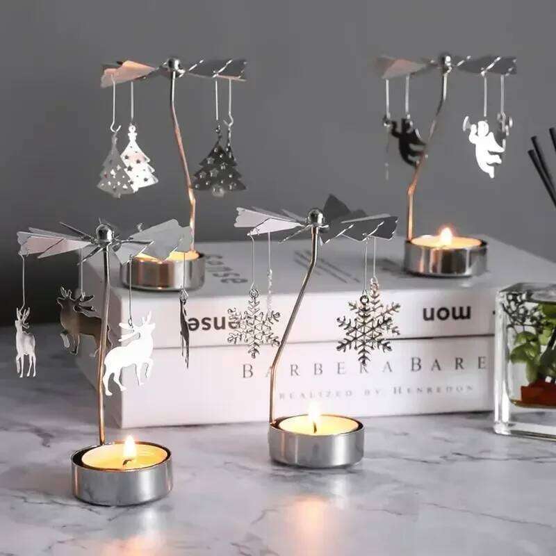 Magical Rotating Wrought Iron Christmas Candle Holder Angel &Deer Carousel Table Decor with Spinning Base Holiday Centerpiece XJ260305