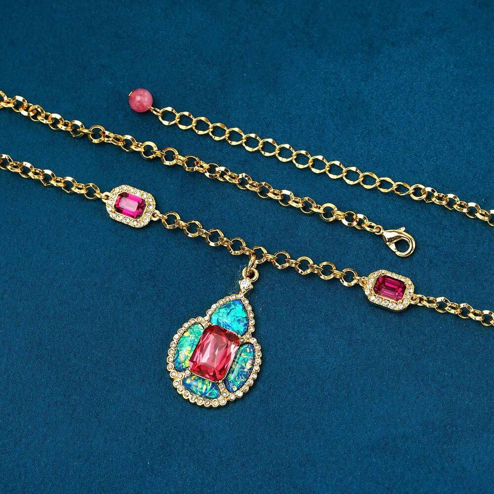 Vintage Retro Blue Platinum Resin Collarbone Chain Earrings Necklace Ring Jewelry Niche Heavy-Duty Sweater Chain High-Quality