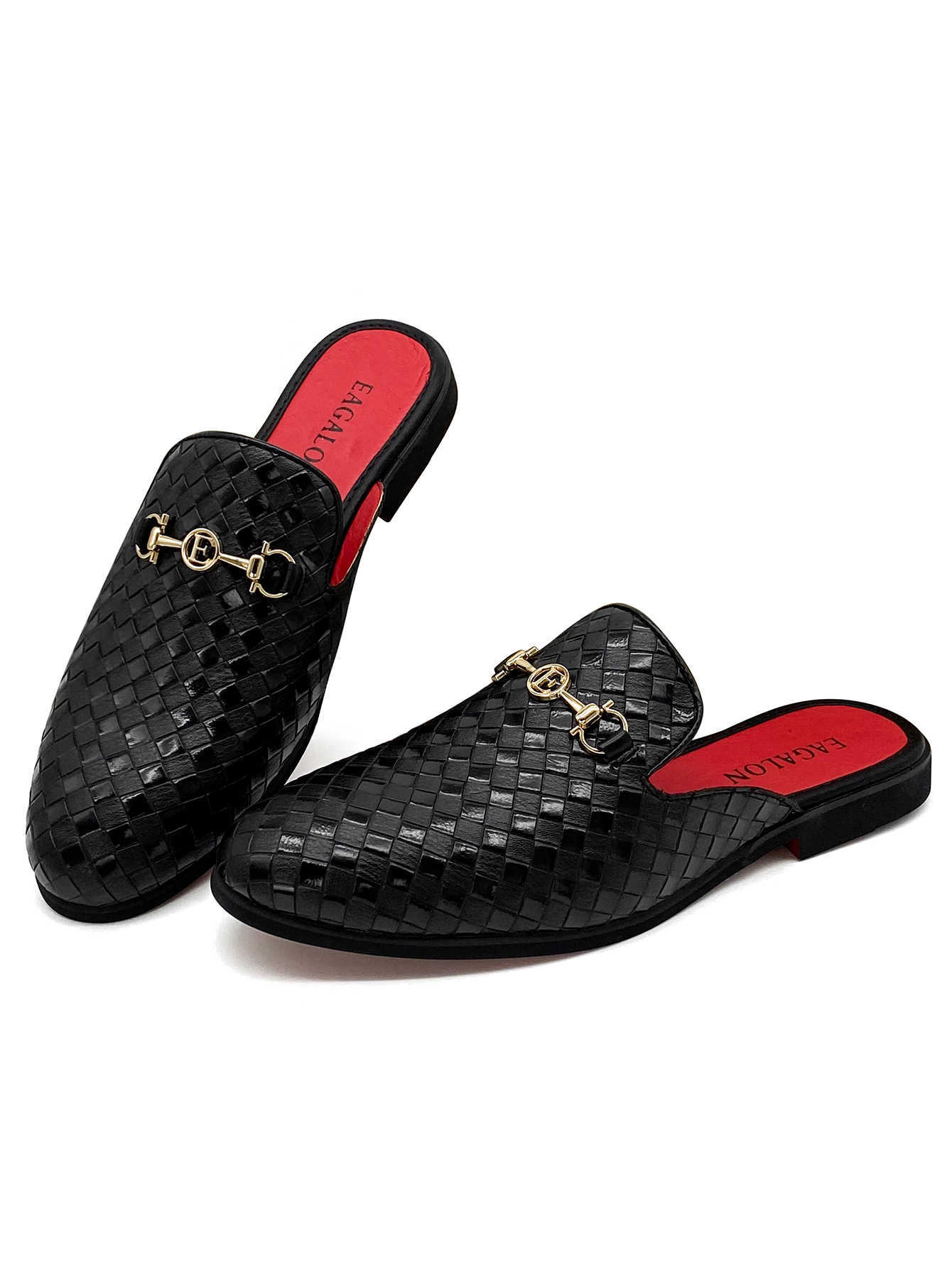 Men's Woven Leather Mules Buckle Backless Loafers Red Insole Fashion Casual Slippers Luxury Loafers