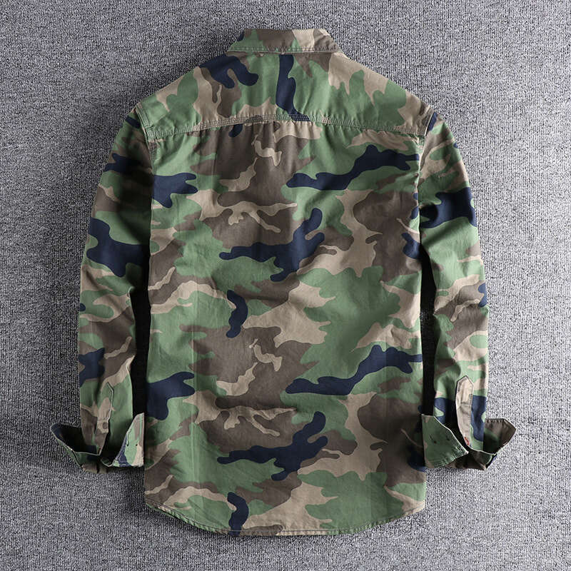 Khaki Foreign Trade Washed Camouflage American Workwear Long Sleeve Shirt for Men with Double Pockets Versatile Casual Military Youth Top
