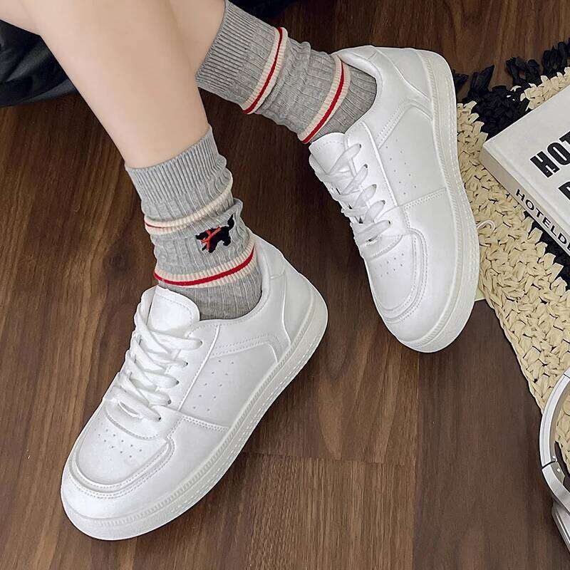 2025 Spring Women's Outdoor Sports Solid Color White Faux Leather Lace-Up Shoes Athletic Sneakers For Casual Activit