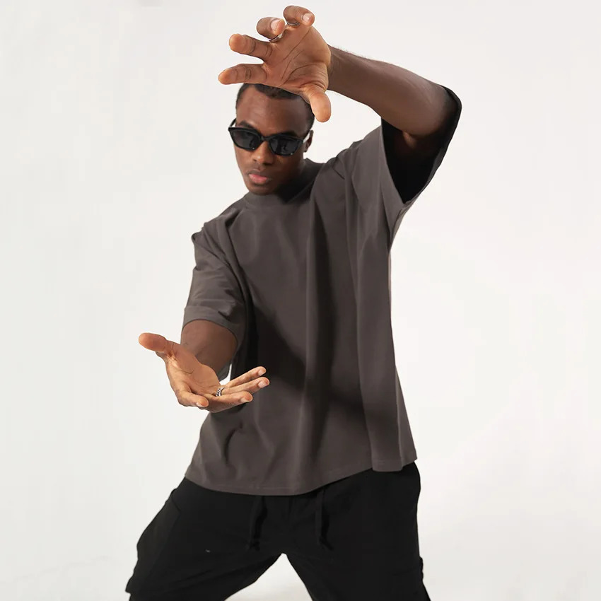 300GSM Heavyweight Cotton Boxy Cropped Tee Slim Neck Streetwear T-Shirt Hip Hop Mens Short Wide Distressed Shirt 260304
