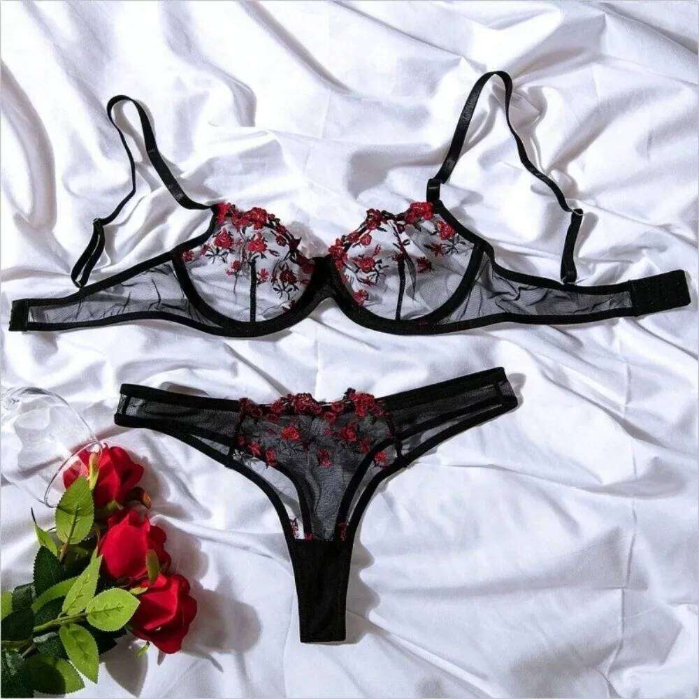 2pcs Sweet Mesh Lace Flower Sexy Embroidery Panties Set Bowknot Intimates Push Up Bra Women