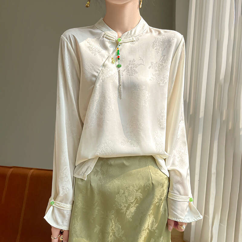 Mardi Hefxessdr New Chinese Silk irt Women's Embroidered Long Sve Lightweight Spring Summer Stand Collar Side Buttoned Chinese style shirt women&