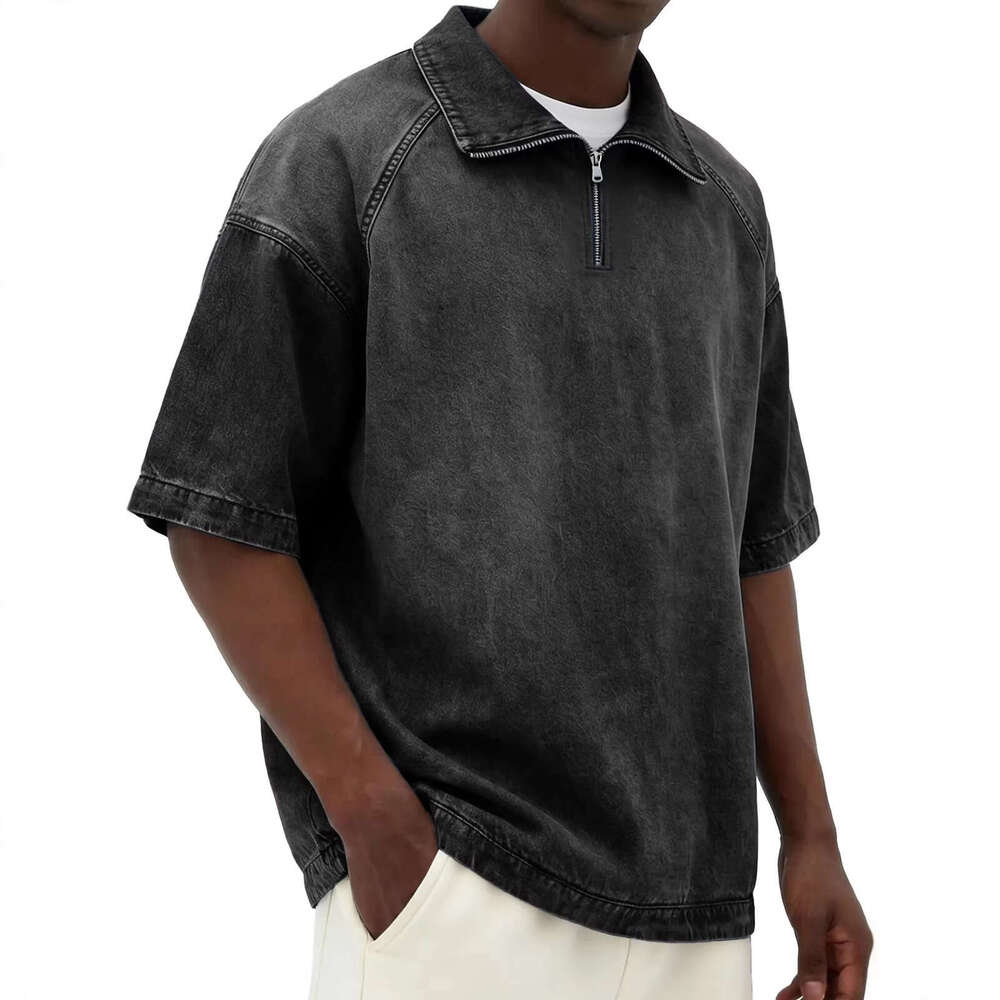 2026 European and American cross-border men's clothing, faux denim fabric, short-sleeved, turn-down collar, zipper - retro trendy fitted short-sl