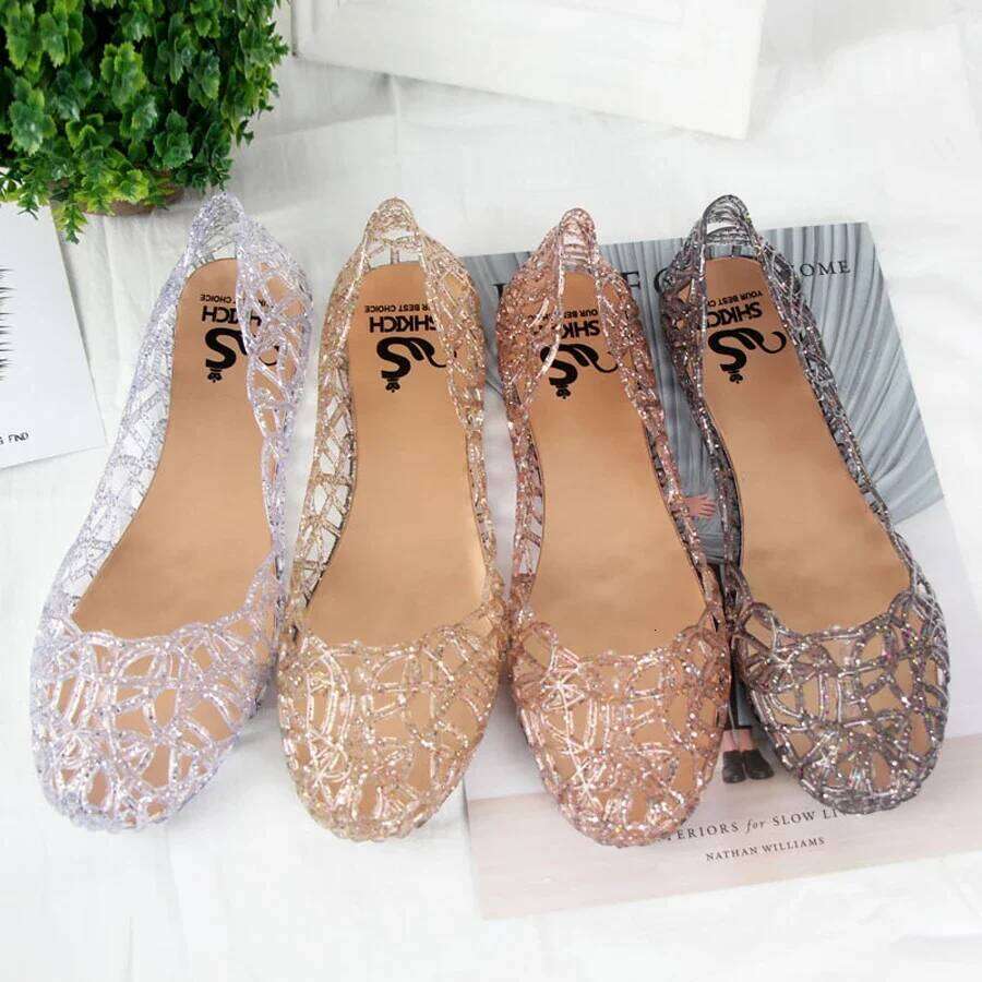 Summer women crystal clogs hollow flat-soled slip-ons shallow mouth Roman jelly shoes beach sandals