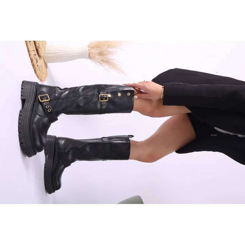 2026 Retro Square Toe Low Heel Women Platform Thigh High Long Boots, Fashion Versatile Belt Buckle Boots