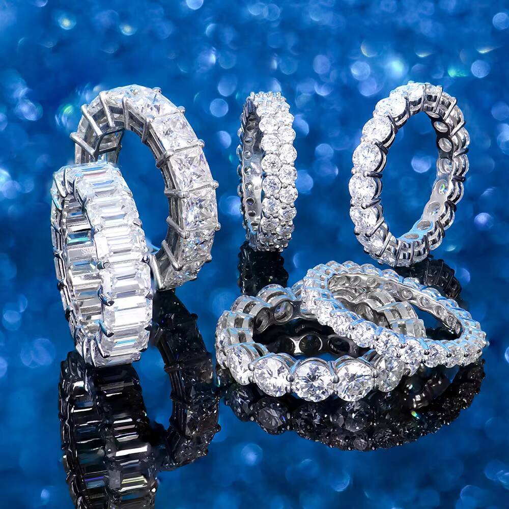 Iced Out S925 Silver Princess Emerald Round Cut Vvs d Color Eternity Moissanite Diamond Hip Hop Tennis Ring with Gra Certificate