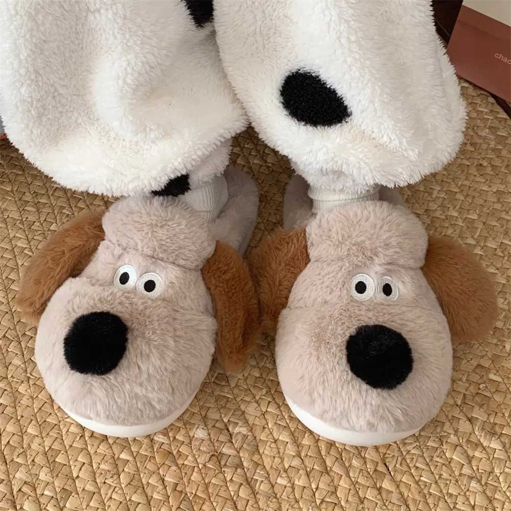Women Home Soft Sole Cotton Slippers Cartoon Cute Dog Fluffy Slippers Female Winter Slides Ladies Plush Indoor Flats Flip Flops S260305