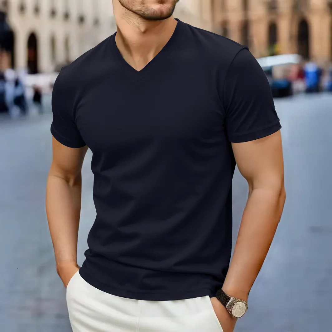 Mens Casual Fashion Simple Vneck Short Sleeved Tshirt Summer Comfortable Breathable Versatile Top 260302