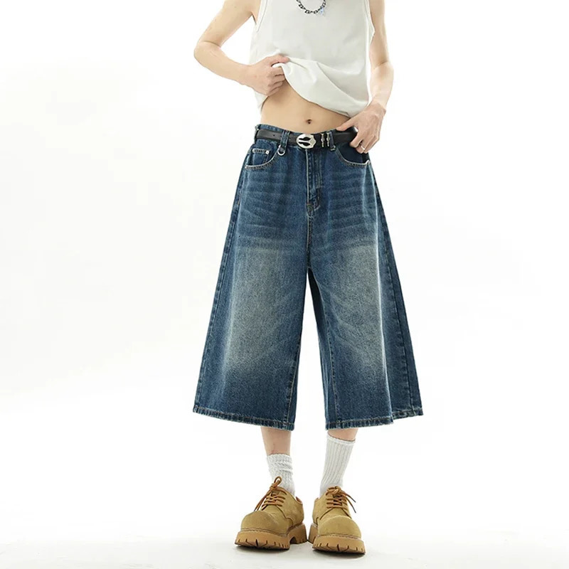 Mens Baggy Denim Shorts Summer Jorts Fashion Retro Casual Loose Wide-leg Calf-length Jeans Y2K Streetwear Korean Style 260306