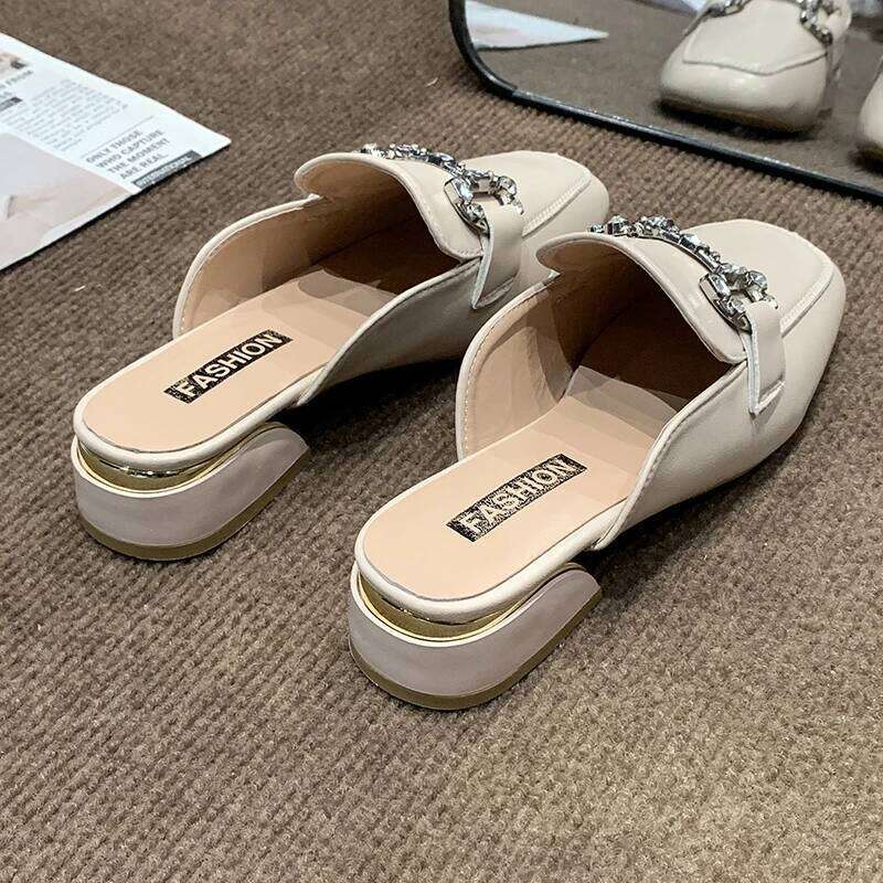 Women Pumps Shallow 2025 Footwear Fashion Metal Buckle Strap Ladies Thick Heels Shoes Leather casual sandals