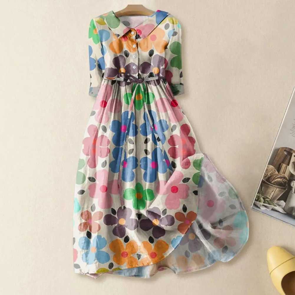 A-line Dress Bohemian Floral Print Midi Dress with Lace-up Detail A-line Silhouette for Women Spring Fashion Statement Women X260306