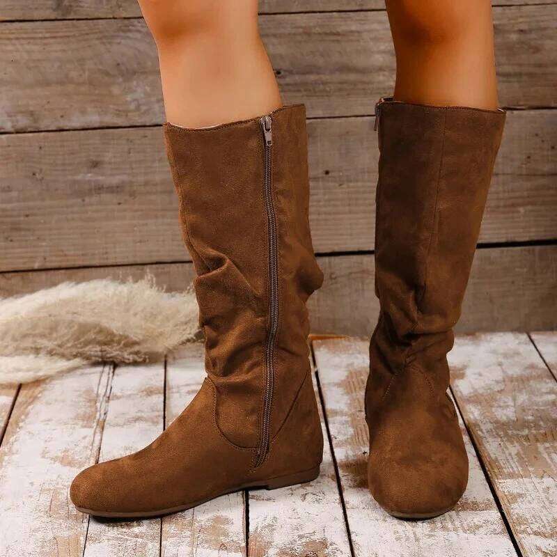 2025 Winter New Fashionable Side Zipper Tall Retro Suede Soft Bottom Anti Slip Fashion Boots