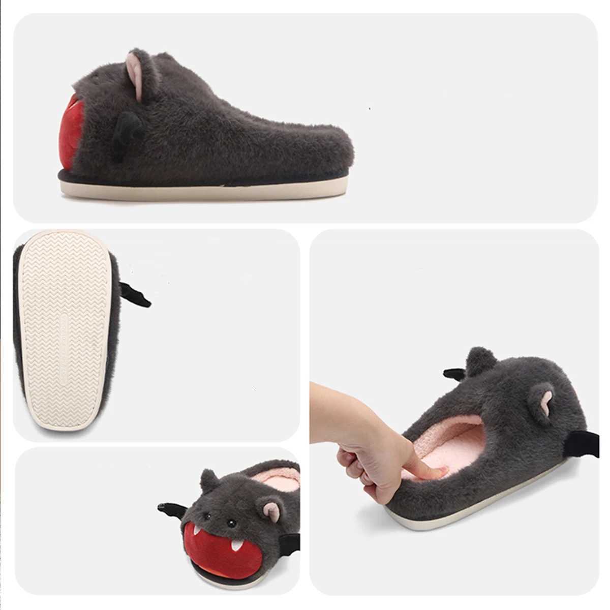Cute-Spooky Bat Halloween Fleece Slippers for UnisexFunny Warm Winter Mens SlippersNon Slip Flat Sole Home Womens Slippers S260305
