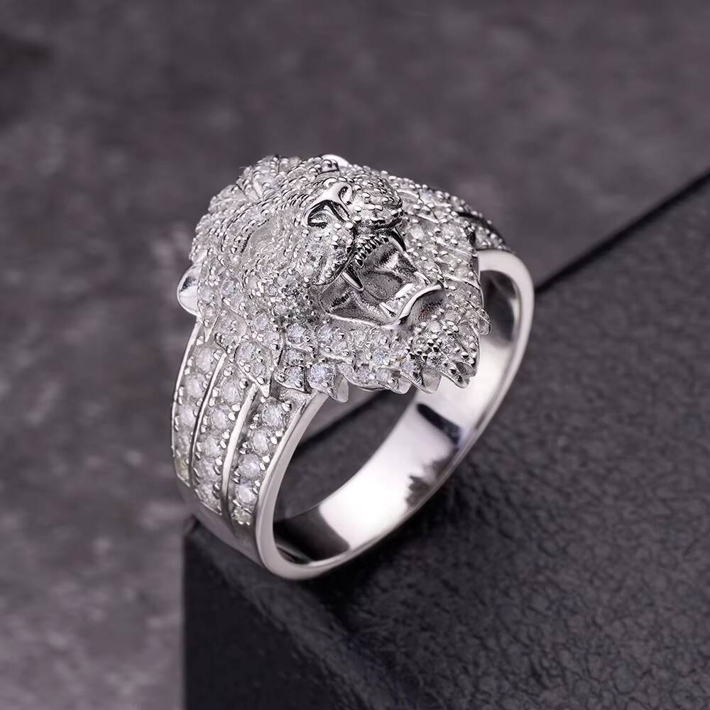 New Arrival Hiphop Fashion Fully Iced Out VVS Moissanite 925 Sterling Silver Mens Lion Ring