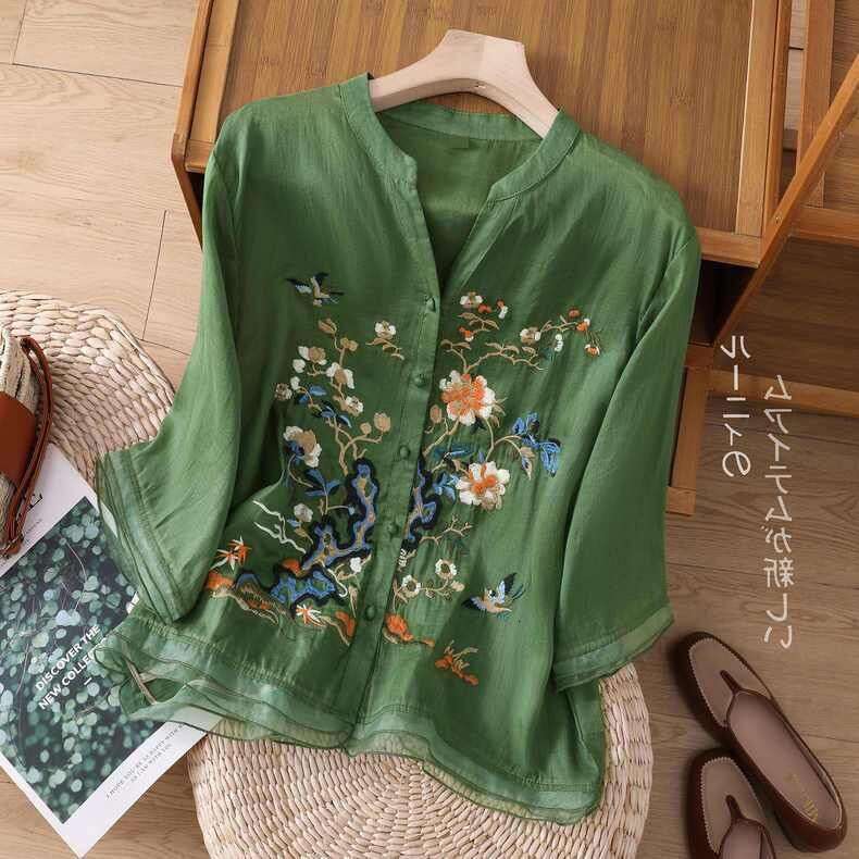 High-end Cotton and Linen Tops Female 2026 Summer New Embroidered Cardigan Shirt New Chinese Style Embroidered pattern shirt