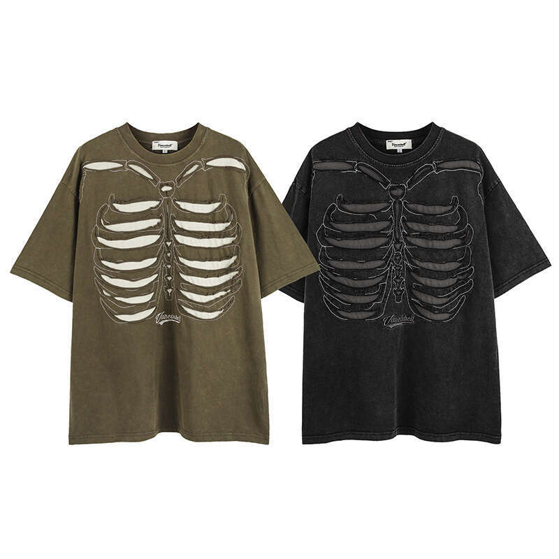 Men's Summer European American Dark High Street Fashion Brand Ins National Trend Vintage Skull Short Sleeve T-Shirt for Men and Women