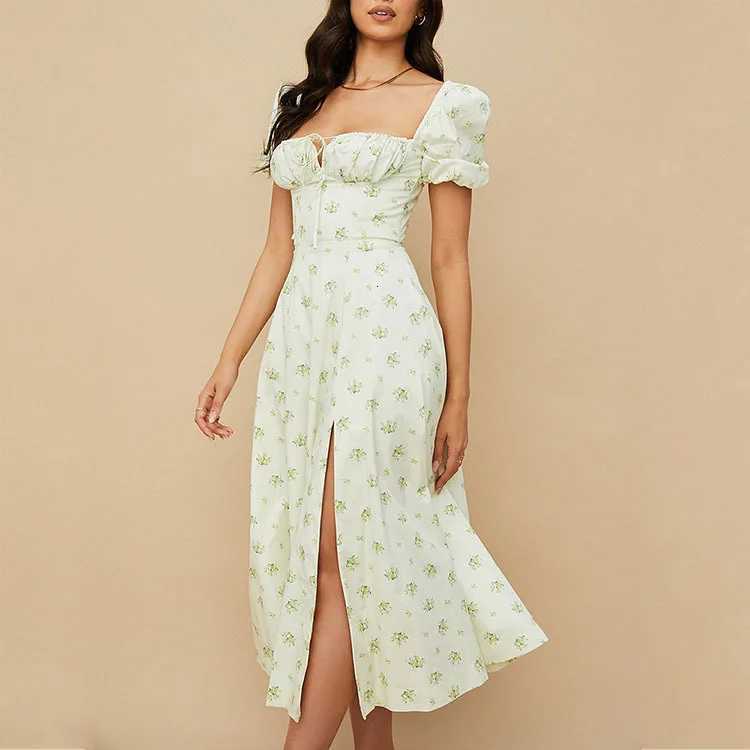 Womens Long Dresses Spring Summer 2025 Elegant Sexy Square Neck Lace Up Floral Dress Robe Longue Femme Vestidos Dama Y2k X260306