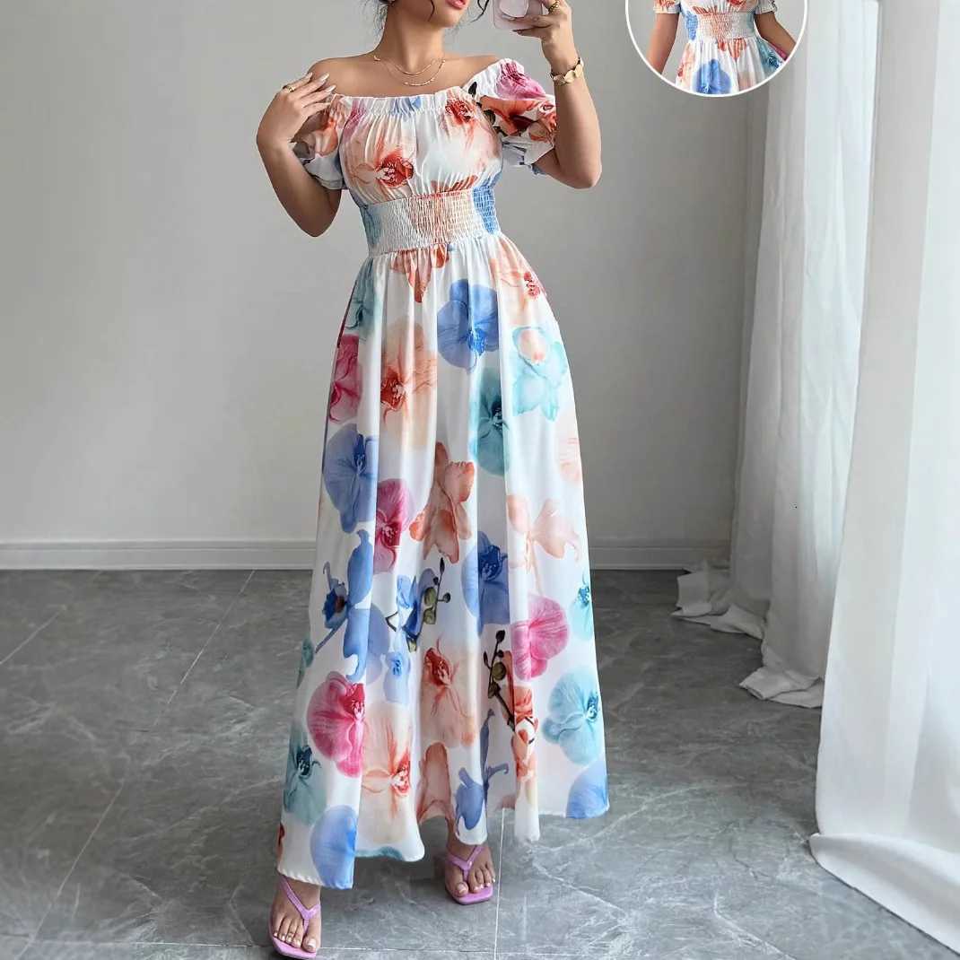 Summer Womens Dress High Waist Pastoral Fashion One-line Collar Puff Sleeves Flower Print Holiday Beach Date Female Long Dress X260306