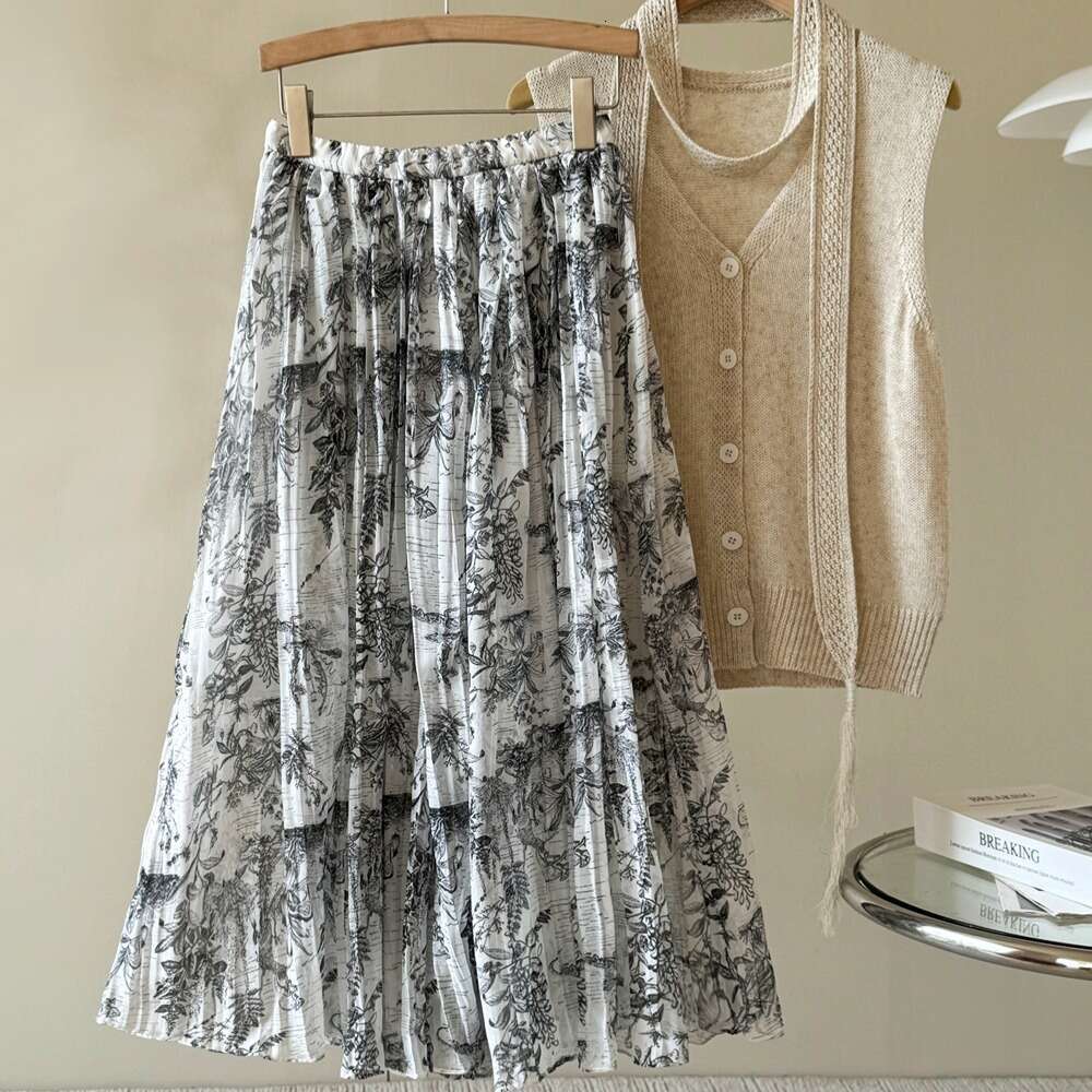 Ink print 2026 spring and summer Chinese women's medium-sized handmade pleated A-line skirt
