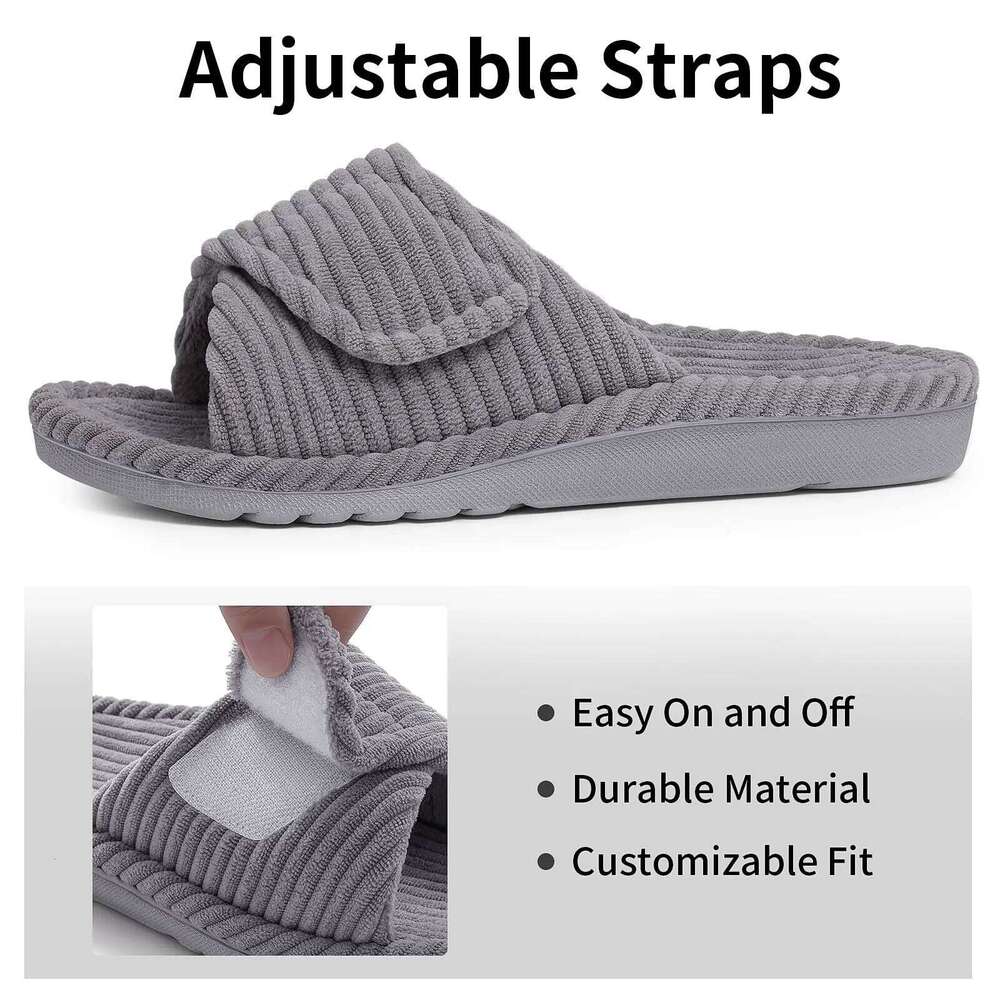 Litfun Open Toe House Slippers For Women New Corduroy Indoor Flat Slides With Adjustable Strap Four Season Lady Orthopedic Shoes