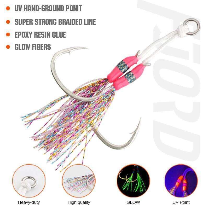 FJORD 2pcs/bag Assist Jig Barbed UV Point Glow Pike High Carbon Steel Hook Sea Winter Ice Fishing Accessories S260305