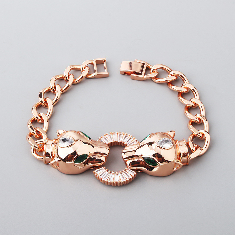 Bracelet Minimalist Hip-Hop Copper Micro-Inlaid Zircon And Bracelet, Electroplated Exaggerated Punk Style Double Leopard Head Pendant Necklace
