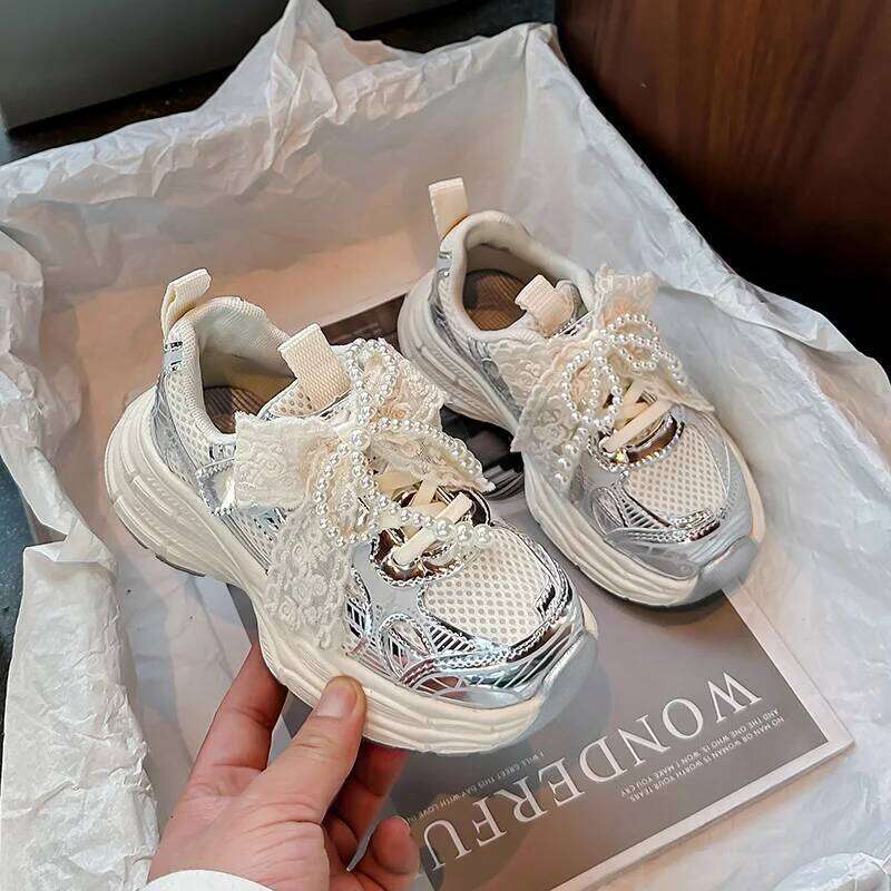 Girls Sweet Gauze Bow Decorative Sneakers New Spring and Autumn Breathable Fashion Beaded Children's Running Shoes. 26Y0304