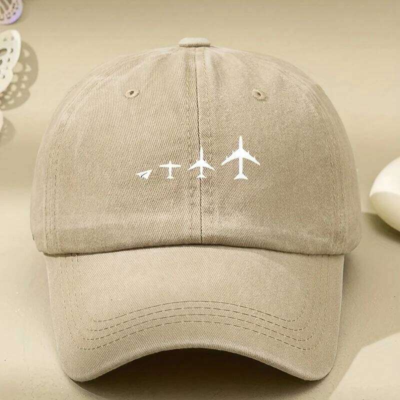 Retro airplane print washed baseball cap adjustable for both men and women, breathable black casual outdoor activity sun hat Y260304