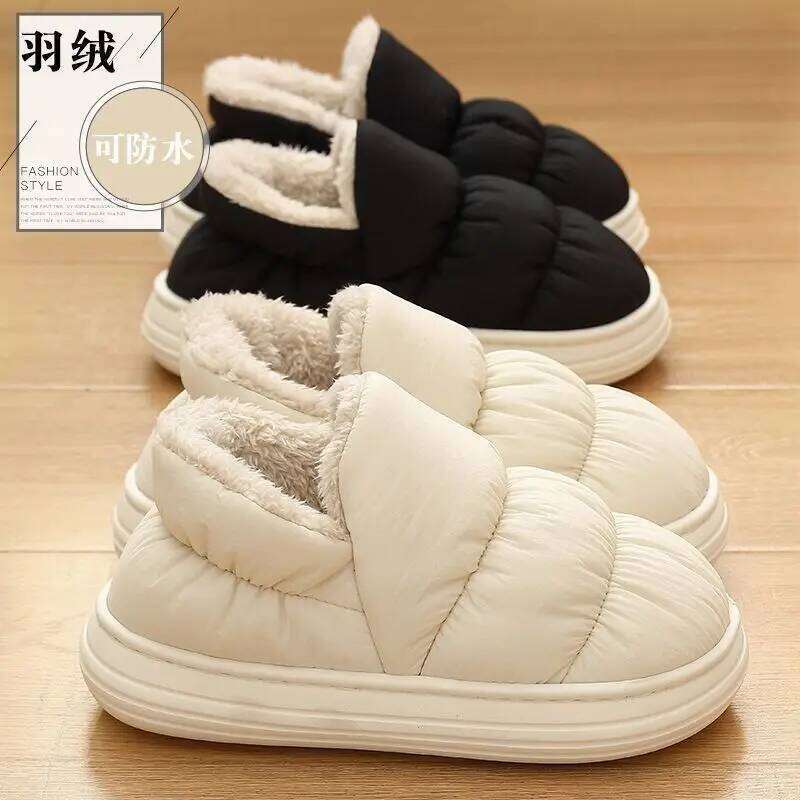 Litfun Winter Down fabric Women's Waterproof Non-slip Slides Warm Cozy Indoor Slippers Plush Lining Women Cotton Shoes