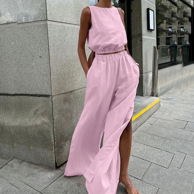 Casual Sleeveless Cotton Linen Suit Fashion O-neck Pullover Split Pant Outfits Women Elegant Elastic Waist Solid Loose 2Pc Set 260305