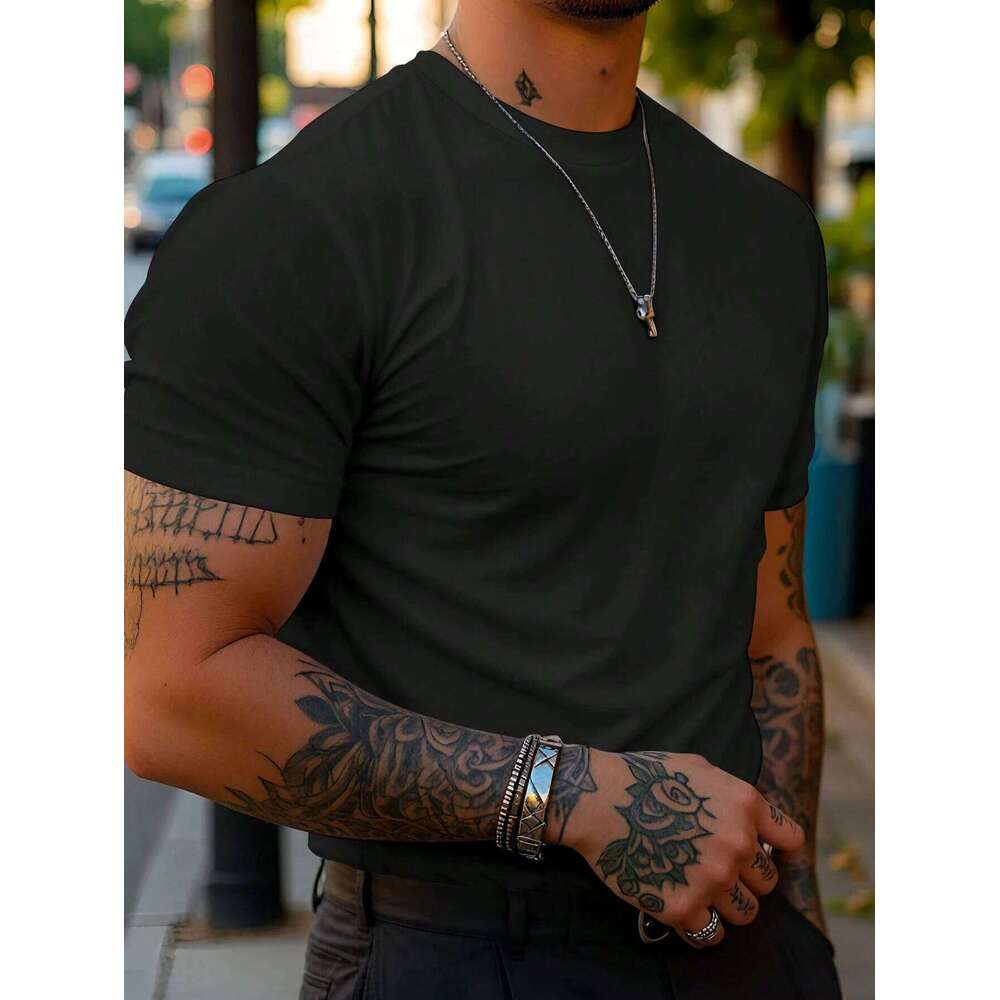 Men's solid color round neck short sleeved T-shirt simple and fashionable pure cotton heavyweight high-quality streetwear 26H0306