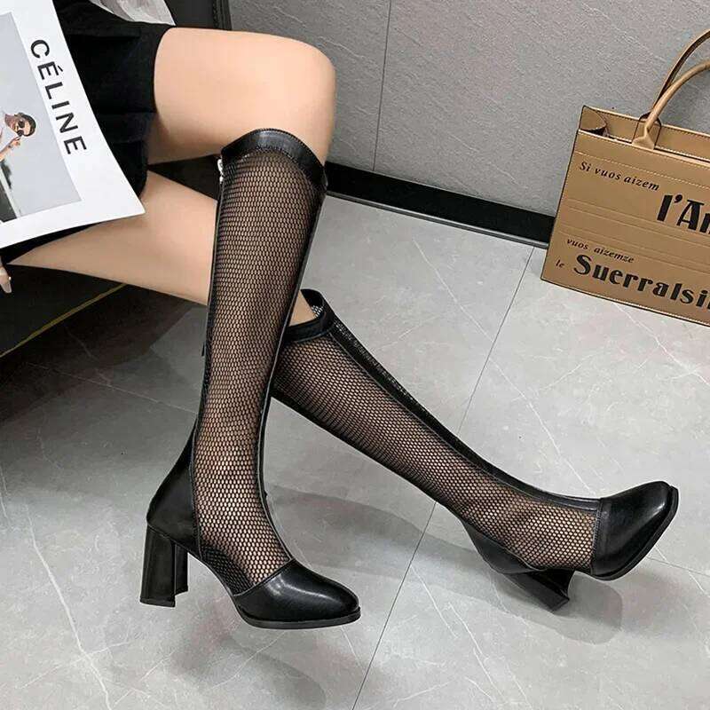 Chunky Long Female 2025 Summer Mesh Hollow White Pointed Head Tube High Heel Sandal Boots Versatile Shoes