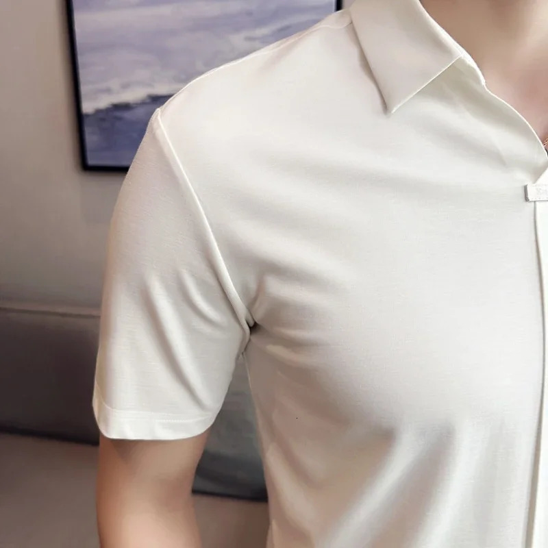 Stretchable Mens V-neck Polo Shirt High-quality Lightweight Short-sleeve T-shirt Slim-fit Polo Shirt Invisible Ice Silk 260304