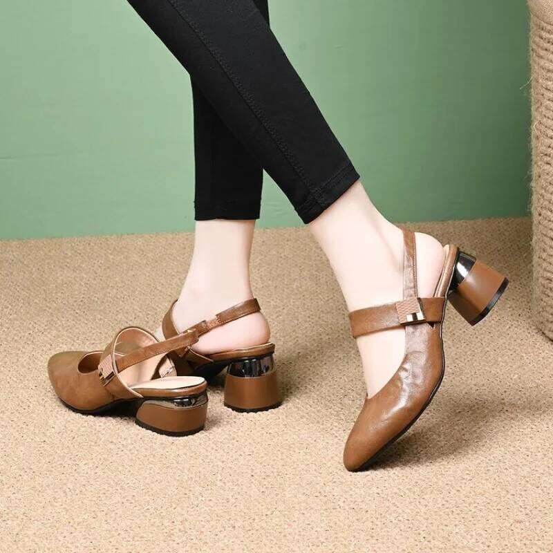 Women Elegant Cap Block Pointed Toe Sandals Summer Comfortable Backless One-Strap Buckle Mid Heel Fashion Commuter Shoe