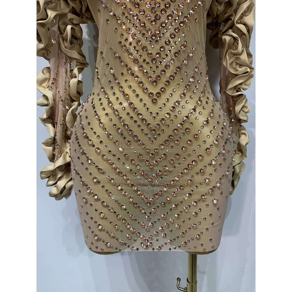 Women Sexy Long Sleeve Gold Rhinestone Bodycon Mini Dress Birthday Party Costume Bar Nightclub Singer Stage Performance Outfit