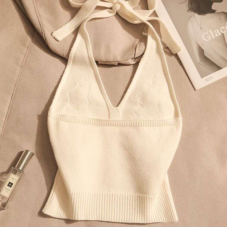 French-Style Knitted Halter Neck Camisole Women, Summer Sexy Printed Slim-Fit Off-Shoulder Short Sleeveless Top For Outerwear