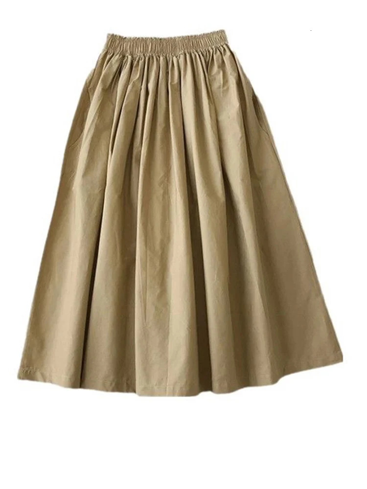 Women White Long Skirt Fashion Pockets Pleated Knee Length Skirts Autumn Casual Elegant High Waist A Line Femme Skirts 260306