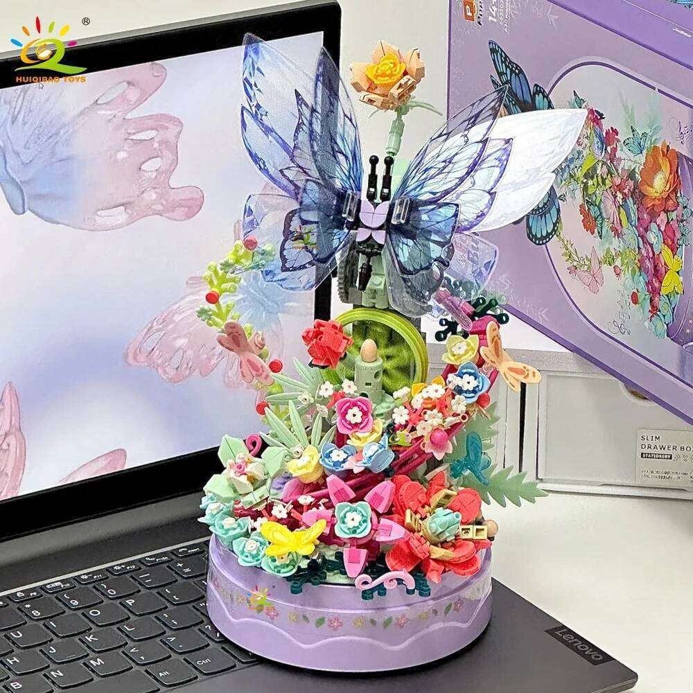 HUIQIBAO 630PCS MOC Butterfly Music box Model Building Block Flower Brick Construction Toy For Children Desk Home Decoration Z260306