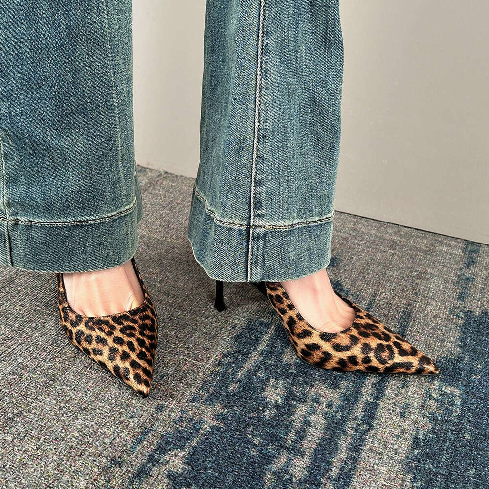 New Leopard Print Leather Pointed Toe High Heels Stiletto Shallow Mouth Fashion Sexy Backless Single Shoes Half Slippers Sandals For Women