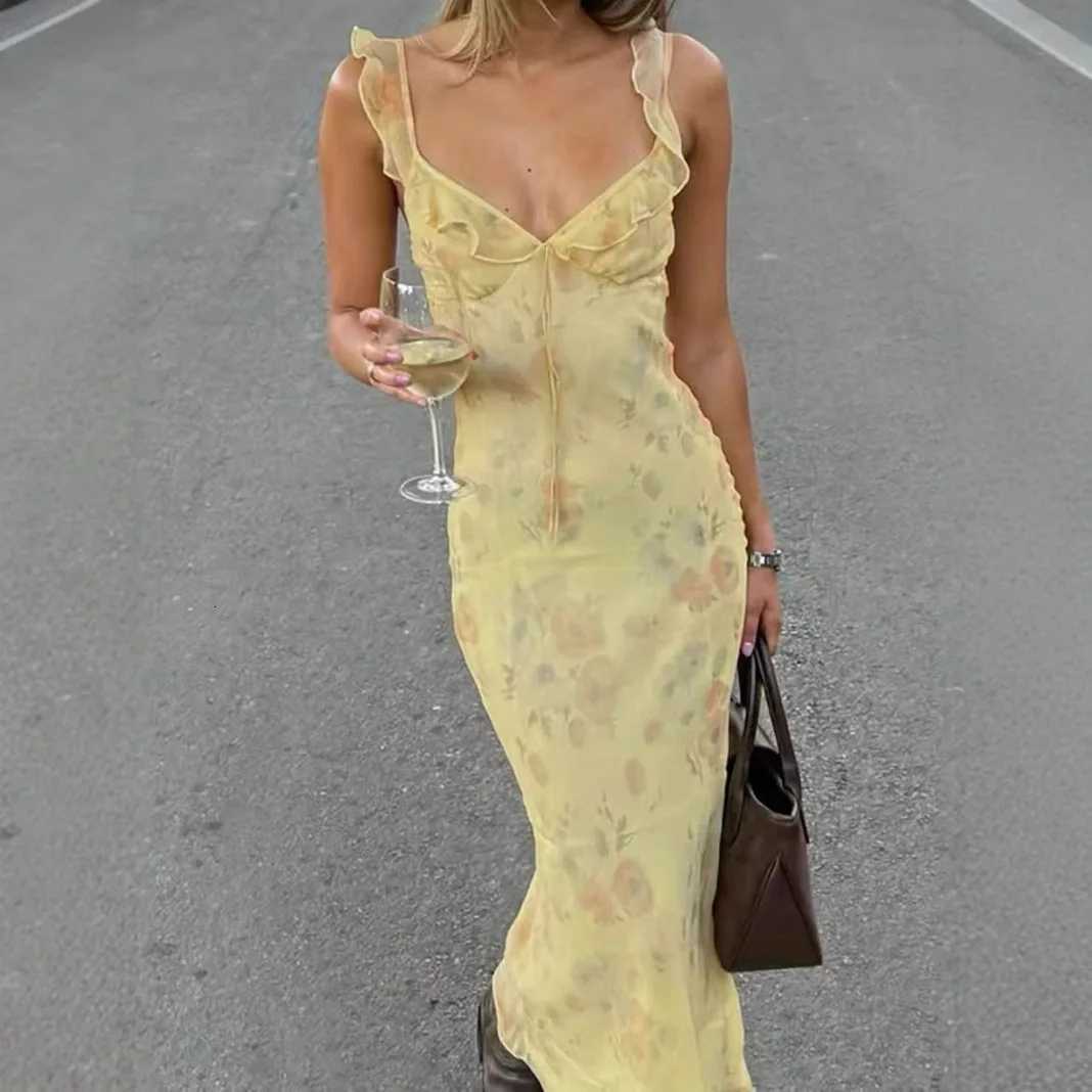 Sexy Elegant Flower Print Slim Long Dresses Women V-neck Low Cut Leace-up Backless Package Hip Bodycon Sleeveless Dress Female X260306